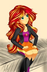 Size: 626x960 | Tagged: safe, artist:sweetpie, derpibooru import, sunset shimmer, equestria girls, boots, clothes, high heel boots, jacket, shirt, shoes, simple background, skirt, solo, vest