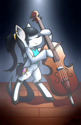 Size: 1920x2967 | Tagged: safe, artist:eldrick, derpibooru import, oc, oc only, oc:maddie, pegasus, pony, bipedal, bow (instrument), cello, clothes, ear piercing, eyes closed, female, folded wings, jacket, mare, musical instrument, pegasus oc, piercing, playing instrument, ponytail, redraw, shirt, smiling, solo, wings, yin-yang