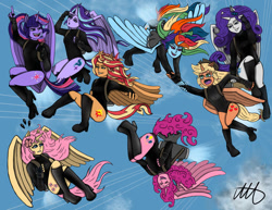 Size: 1017x786 | Tagged: safe, artist:artsyaccountant, derpibooru import, applejack, fluttershy, pinkie pie, rainbow dash, rarity, sci-twi, starlight glimmer, sunset shimmer, twilight sparkle, twilight sparkle (alicorn), alicorn, anthro, human, equestria girls, alicorn humanization, alicornified, applecorn, carrying, clothes, crying, fluttercorn, flying, grin, happy, holding, horn, horned humanization, humanized, jetpack, laughing, leotard, open mouth, pinkiecorn, pointing, race swap, rainbowcorn, raricorn, screaming, shimmercorn, sky, sky background, smiling, starlicorn, tears of fear, upside down, winged humanization, wings, xk-class end-of-the-world scenario