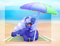 Size: 5576x4248 | Tagged: safe, artist:dreamyrat, derpibooru import, oc, earth pony, pony, beach, earth pony oc, looking at you, lying down, prone, solo, umbrella, unshorn fetlocks, water