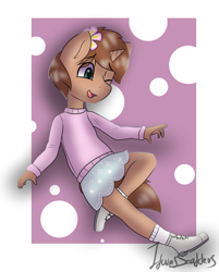 Size: 1693x2110 | Tagged: safe, artist:itwasscatters, derpibooru import, oc, oc only, oc:heroic armour, anthro, plantigrade anthro, unicorn, brown coat, brown mane, brown tail, clothes, colt, crossdressing, cute, flower, flower in hair, foal, horn, male, one eye closed, shoes, simple background, skirt, smiling, solo, sweater, tail