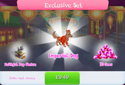 Size: 1266x860 | Tagged: safe, derpibooru import, dog, bundle, clothes, costs real money, english, gameloft, gem, hat, lantern, lunar new year, mobile game, my little pony: magic princess, numbers, official, pot, sale, solo, solo focus, statue, text