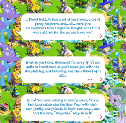 Size: 2048x1998 | Tagged: safe, derpibooru import, mistmane, trixie, pony, unicorn, brooch, cape, clothes, curved horn, dialogue, dialogue box, english, ethereal mane, event, female, flower, gameloft, hat, horn, implied discord, jewelry, lunar new year, mare, mobile game, my little pony: magic princess, official, speech bubble, trixie's cape, trixie's hat