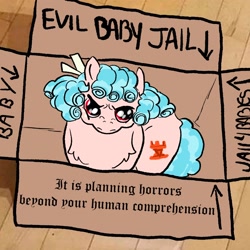 Size: 1280x1280 | Tagged: safe, artist:amendokat, derpibooru import, cozy glow, pegasus, pony, angry, box, evil, female, filly, foal, frown, gay baby jail, pony in a box, pure concentrated unfiltered evil of the utmost potency, pure unfiltered evil, solo