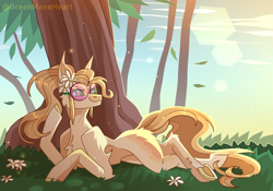 Size: 4000x2800 | Tagged: safe, artist:greenmaneheart, derpibooru import, oc, oc only, oc:gwen, earth pony, pony, earth pony oc, female, flower, flower in hair, glasses, leaves, looking back, lying down, mare, prone, solo, sunglasses, tree