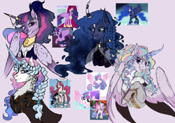 Size: 5000x3500 | Tagged: safe, derpibooru import, princess amore, princess celestia, princess flurry heart, princess luna, princess twilight 2.0, twilight sparkle, twilight sparkle (alicorn), alicorn, pony, unicorn, the last problem, braid, crown, curved horn, ethereal mane, horn, jewelry, older, older twilight, peytral, redesign, regalia, sketch, starry mane