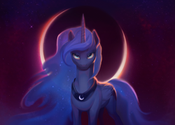 Size: 2271x1622 | Tagged: safe, artist:kinax, derpibooru import, princess luna, alicorn, pony, blue eyes, blue mane, blue tail, crepuscular rays, crescent moon, digital art, ethereal mane, female, flowing mane, folded wings, galaxy, high res, horn, looking at you, mare, moon, moonlight, night, peytral, signature, smiling, smiling at you, solo, space, sparkles, starry mane, starry tail, stars, tail, wings