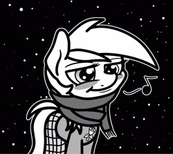 Size: 2048x1826 | Tagged: safe, artist:ewoudcponies, derpibooru import, roseluck, earth pony, pony, clothes, female, grayscale, monochrome, scarf, snow, snowfall, solo, winter