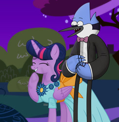 Size: 1024x1050 | Tagged: safe, artist:g4lleon, derpibooru import, twilight sparkle, twilight sparkle (alicorn), alicorn, bird, blue jay, pony, bowtie, bush, crossover, crossover shipping, female, formal wear, garden, laughing, male, mare, mordecai, mordetwi, night, night sky, outdoors, regular show, ribbon, shipping, sky, smiling, straight, tree, watermark