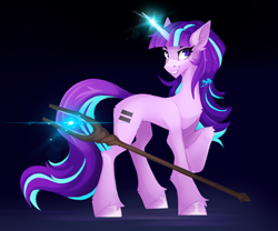 Size: 3000x2500 | Tagged: safe, artist:buvanybu, derpibooru import, starlight glimmer, pony, unicorn, the cutie map, equal cutie mark, female, glowing, glowing horn, horn, mare, purple eyes, raised hoof, raised leg, s5 starlight, smiling, solo, staff, staff of sameness, wrong eye color