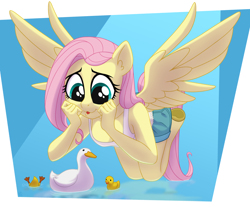 Size: 1920x1620 | Tagged: safe, artist:whitequartztheartist, derpibooru import, fluttershy, anthro, bird, duck, pegasus, clothes, denim, denim shorts, duckling, flying, looking down, shirt, shorts, simple background, solo, tanktop, underhoof, water