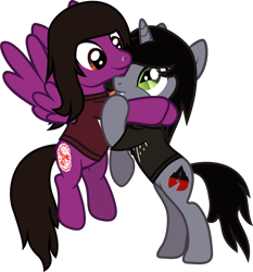 Size: 1369x1468 | Tagged: safe, artist:lightningbolt, derpibooru exclusive, derpibooru import, pegasus, pony, unicorn, .svg available, bipedal, bipedal leaning, clothes, disguise, disguised siren, duo, duo male, flying, happy, horn, hug, kellin quinn, leaning, male, nose piercing, pierce the veil, piercing, ponified, shirt, simple background, sleeping with sirens, slit eyes, species swap, spread wings, stallion, svg, t-shirt, tongue, tongue out, transparent background, vector, vic fuentes, wings