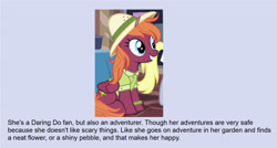 Size: 1678x899 | Tagged: safe, derpibooru import, edit, edited screencap, screencap, sweet pepper, pegasus, pony, stranger than fan fiction, /mlp/, 4chan, clothes, costume, daring do costume, female, folded wings, hat, mare, pith helmet, shirt, sitting, smiling, text, wholesome, wings