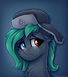 Size: 968x1095 | Tagged: safe, artist:zeepheru_pone, derpibooru import, oc, oc only, oc:colour field, earth pony, pony, chest fluff, ears, eye scar, facial scar, female, floppy ears, hat, heterochromia, looking at you, mare, sad, scar, solo, ushanka