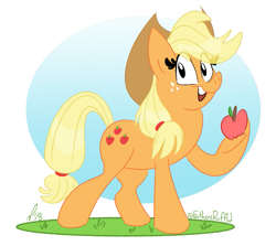 Size: 865x772 | Tagged: safe, artist:feathers-ruffled, derpibooru import, applejack, earth pony, pony, 2018, apple, applejack's hat, clothes, cowboy hat, female, food, freckles, grass, hat, looking at you, mare, open mouth, open smile, raised hoof, raised leg, signature, smiling, solo, tail