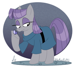 Size: 818x713 | Tagged: safe, artist:feathers-ruffled, derpibooru import, boulder (pet), maud pie, earth pony, pony, 2018, clothes, female, lidded eyes, looking down, mare, raised hoof, raised leg, rock, signature, tail