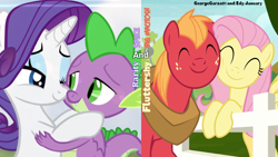 Size: 1920x1080 | Tagged: safe, anonymous artist, artist:edy_january, artist:georgegarza01, derpibooru import, edit, edited screencap, screencap, big macintosh, fluttershy, rarity, spike, dragon, earth pony, pegasus, pony, eyes closed, female, fence, fluttermac, holding each other, looking at each other, looking at someone, male, mare, nuzzling, shipping, smiling, smiling at each other, sparity, stallion, straight