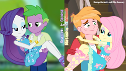 Size: 1920x1080 | Tagged: safe, anonymous artist, artist:edy_january, artist:georgegarza01, derpibooru import, edit, edited screencap, screencap, big macintosh, fluttershy, rarity, spike, human, equestria girls, bedroom eyes, bridal carry, carrying, female, fluttermac, fluttershy boho dress, human spike, humanized, looking at each other, looking at someone, male, rarity peplum dress, shipping, smiling, smiling at each other, sparity, straight