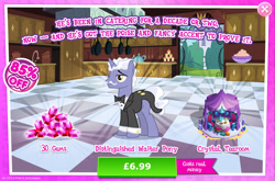 Size: 1964x1297 | Tagged: safe, derpibooru import, earl grey, pony, unicorn, advertisement, bowtie, cake, cake slice, chair, clothes, costs real money, cushion, english, facial hair, food, gameloft, gem, horn, male, mobile game, moustache, my little pony: magic princess, numbers, official, sale, solo, solo focus, stallion, stool, suit, table, teapot, text