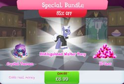 Size: 1264x857 | Tagged: safe, derpibooru import, earl grey, pony, unicorn, bowtie, bundle, cake, cake slice, chair, clothes, costs real money, cushion, english, facial hair, food, gameloft, gem, horn, male, mobile game, moustache, my little pony: magic princess, numbers, official, sale, solo, solo focus, stallion, stool, suit, table, teapot, text