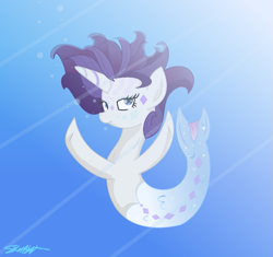 Size: 661x622 | Tagged: safe, artist:abbi--arson, derpibooru import, oc, oc only, merpony, pony, seapony (g4), unicorn, blue eyes, blue mane, crepuscular rays, eyelashes, female, fish tail, flowing mane, horn, lidded eyes, looking at you, mare, ocean, seaponified, signature, smiling, smiling at you, solo, sparkles, species swap, sunlight, swimming, tail, underwater, water