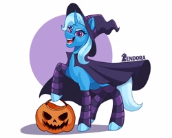 Size: 1250x1000 | Tagged: safe, artist:zendoratpw, derpibooru import, trixie, pony, unicorn, abstract background, cape, clothes, female, hat, mare, pumpkin bucket, simple background, smiling, solo, white background, wizard hat