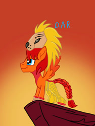 Size: 750x996 | Tagged: safe, artist:gracefulart693, derpibooru import, oc, big cat, lion, pegasus, braid, braided tail, cliff, clothes, colored wings, costume, male, pegasus oc, stallion, tail, the lion king, two toned wings, wings