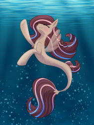 Size: 1280x1692 | Tagged: safe, artist:fallsplash, derpibooru import, oc, oc only, pegasus, pony, seapony (g4), blushing, brown mane, bubble, clothes, crepuscular rays, cute, digital art, dorsal fin, eyelashes, female, fin wings, fins, fish tail, flowing mane, flowing tail, ocean, seaponified, see-through, slim, smiling, solo, species swap, sunlight, swimming, tail, thin, underwater, water, wings