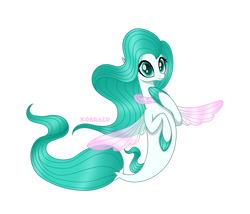 Size: 1280x1098 | Tagged: safe, artist:daisyarfield, derpibooru import, oc, oc only, seapony (g4), adoptable, clothes, collar, cute, digital art, dorsal fin, female, fin wings, fins, fish tail, flowing mane, flowing tail, green eyes, green mane, green tail, mare, see-through, signature, simple background, smiling, solo, swimming, tail, transparent background, wings