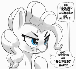 Size: 1200x1101 | Tagged: safe, artist:pabbley, derpibooru import, pinkie pie, earth pony, pony, bust, dialogue, female, grayscale, implied anon, implied boop, lewd, mare, monochrome, partial color, simple background, solo, speech bubble, sweat, white background