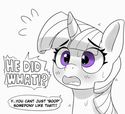 Size: 1200x1101 | Tagged: safe, artist:pabbley, derpibooru import, twilight sparkle, twilight sparkle (alicorn), alicorn, pony, blushing, bust, dialogue, emanata, female, grayscale, implied anon, implied boop, mare, monochrome, open mouth, partial color, plewds, simple background, solo, speech bubble, sweat, white background