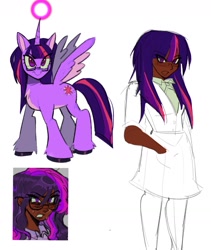 Size: 1225x1448 | Tagged: safe, artist:trixieacc06, derpibooru import, twilight sparkle, twilight sparkle (alicorn), alicorn, human, pony, equestria girls, clothes, duality, glasses, human ponidox, magic, self paradox, self ponidox, simple background, sketch, white background