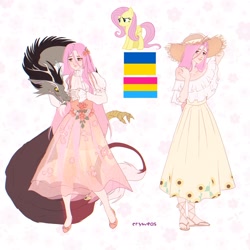 Size: 2048x2048 | Tagged: safe, artist:cryweas, derpibooru import, discord, fluttershy, draconequus, human, pegasus, pony, blushing, clothes, cute, drama bait, dress, feet, female, flats, freckles, hat, humanized, male, op wants attention, pansexual, pansexual pride flag, pride, pride flag, sandals, shirt, shoes, shyabetes, skirt, stockings, sun hat, thigh highs, ukraine flag