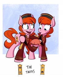 Size: 1922x2351 | Tagged: safe, artist:anontheanon, oc, oc only, earth pony, pony, bellhop, duo, eye clipping through hair, female, freckles, mare, open mouth, siblings, sisters, smiling, twins, whoopee cushion