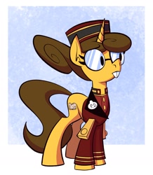 Size: 1686x1936 | Tagged: safe, artist:anontheanon, oc, oc only, oc:p.d., pony, unicorn, bellhop, bucktooth, clothes, female, glasses, mare, name tag, round glasses, solo, uniform