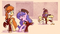 Size: 1457x836 | Tagged: safe, artist:anontheanon, oc, oc:belle hop, oc:jane, earth pony, pegasus, pony, unicorn, bags under eyes, banana peel, bellhop, cigarette, clothes, female, lidded eyes, luggage, mare, moments before disaster, open mouth, prank, smiling, smoking, this will end in pain, trio, uniform