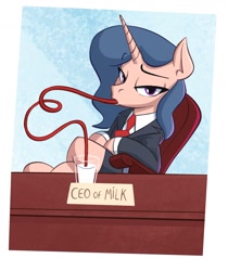 Size: 1452x1729 | Tagged: safe, artist:anontheanon, oc, oc only, oc:cans churner, pony, unicorn, business suit, businessmare, chair, clothes, crazy straw, crossed legs, drinking, female, implied breast milk, lidded eyes, looking at you, mare, milk, necktie, silly straw, sitting, skirt suit, solo, straw, suit