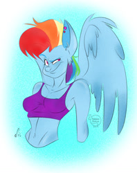 Size: 1227x1551 | Tagged: dead source, safe, alternate version, artist:feathers-ruffled, derpibooru import, rainbow dash, anthro, pegasus, 2015, belly button, breasts, bust, cleavage, clothes, ear piercing, eyebrows, female, mare, piercing, raised eyebrow, smiling, smirk, solo, sports bra, spread wings, wings