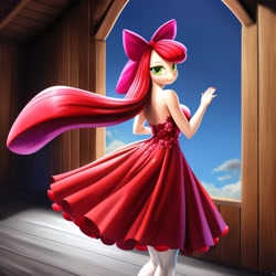 Size: 3072x3072 | Tagged: safe, derpibooru import, generator:purplesmart.ai, generator:stable diffusion, machine learning assisted, machine learning generated, apple bloom, anthro, barn, breasts, clothes, dress, female, older, older apple bloom, skirt, solo