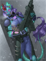 Size: 1669x2207 | Tagged: safe, artist:st. oni, derpibooru import, oc, oc only, oc:searing cold, anthro, kirin, armor, crossover, gun, kirin oc, male, science fiction, solo, video game, weapon