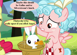 Size: 1008x720 | Tagged: safe, derpibooru import, edit, edited screencap, screencap, angel bunny, apple bloom, cozy glow, pegasus, pony, marks for effort, bad idea, basket, beware the nice ones, bow, carrot, cropped, dialogue, female, filly, foal, food, hair bow, implied fluttershy, implied gallus, implied silverstream, picnic basket, speech bubble, tree