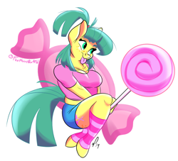 Size: 1030x935 | Tagged: safe, artist:feathers-ruffled, derpibooru import, oc, oc only, oc:stocking pop, anthro, earth pony, unguligrade anthro, breasts, butt freckles, candy, chest freckles, cleavage, clothes, dock, female, food, freckles, leg warmers, lollipop, mare, midriff, shirt, shorts, simple background, smiling, solo, striped leg warmers, striped legwear, tail, tongue, tongue out, white background