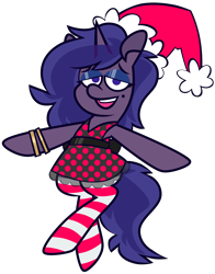 Size: 5458x6968 | Tagged: safe, artist:threetwotwo32232, derpibooru import, oc, oc only, oc:love bug, pony, unicorn, christmas, clothes, dress, female, hat, holiday, horn, mare, santa hat, simple background, socks, solo, striped socks, transparent background, unicorn oc