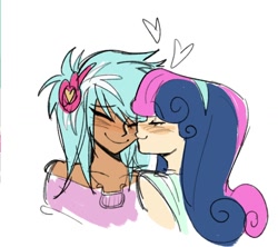 Size: 1254x1114 | Tagged: safe, artist:trixieacc06, derpibooru import, bon bon, lyra heartstrings, sweetie drops, human, bust, clothes, dark skin, eyes closed, female, heart, humanized, interracial, kiss on the cheek, kissing, lesbian, lyrabon, shipping, simple background, smiling, white background