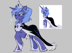 Size: 1343x986 | Tagged: safe, alternate version, artist:trixieacc06, derpibooru import, princess luna, alicorn, pony, cape, clothes, crown, jewelry, raised hoof, raised leg, regalia, solo, standing