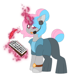 Size: 5272x5584 | Tagged: safe, artist:crazylooncrest, artist:crazysketch101, derpibooru import, oc, oc only, oc:mandi strict, pony, unicorn, clipboard, clothes, glowing, glowing horn, headphones, headset, horn, magic, microphone, quill, simple background, solo, suit, telekinesis, transparent background, unicorn oc