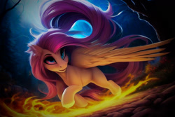 Size: 1728x1152 | Tagged: safe, derpibooru import, generator:novelai, generator:stable diffusion, machine learning generated, fluttershy, pegasus, pony, cute, ear fluff, ears, female, forest, mare, night, outdoors, running, smiling, solo, tree, wings