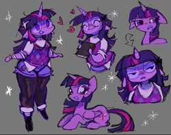 Size: 1000x788 | Tagged: safe, artist:chalkdraws, derpibooru import, twilight sparkle, twilight sparkle (alicorn), alicorn, anthro, pony, unicorn, book, clothes, ear piercing, ears, floppy ears, frown, glasses, gray background, heart, lying down, panties, piercing, simple background, smiling, socks, thigh highs, thong, underwear