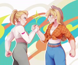 Size: 2048x1730 | Tagged: safe, artist:applesartt, derpibooru import, applejack, human, adora, clothes, confident, denim, duo, female, front knot midriff, handshake, humanized, jeans, masculine, midriff, muscles, muscular female, pants, she-ra, she-ra and the princesses of power, shirt, smiling, sparkles