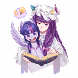 Size: 3000x3000 | Tagged: safe, artist:eopo, derpibooru import, twilight sparkle, twilight sparkle (alicorn), alicorn, human, pony, book, bust, clothes, crossover, duo, emanata, human and pony, open mouth, open smile, patchouli knowledge, simple background, smiling, spread wings, that pony sure does love books, touhou, twichouli, white background, wings